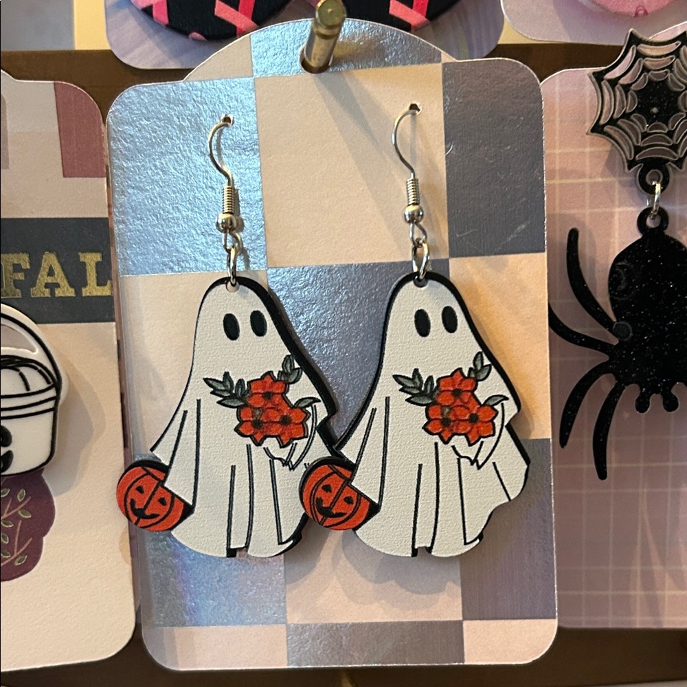 Ghost Earrings with Orange Flowers and Pumpkins